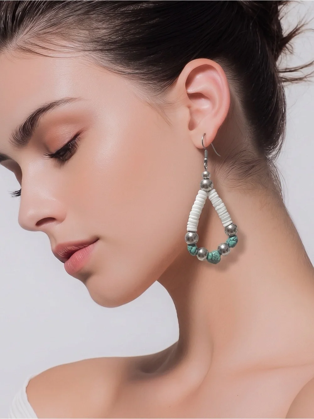 Handmade White & Turquoise Beaded Hoop Earrings - Women Jewelry☑️